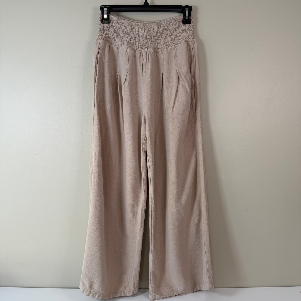 Tan Smocked High Waist Wide Leg Linen Blend Pleated Ankle Pant Flowy Boho Beachy